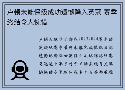 卢顿未能保级成功遗憾降入英冠 赛季终结令人惋惜 卢顿未能保级成功遗憾降入英冠 赛季终结令人惋惜