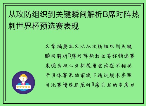 从攻防组织到关键瞬间解析B席对阵热刺世界杯预选赛表现 从攻防组织到关键瞬间解析B席对阵热刺世界杯预选赛表现