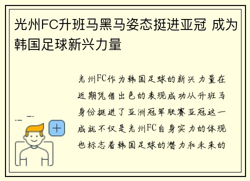 光州FC升班马黑马姿态挺进亚冠 成为韩国足球新兴力量 光州FC升班马黑马姿态挺进亚冠 成为韩国足球新兴力量